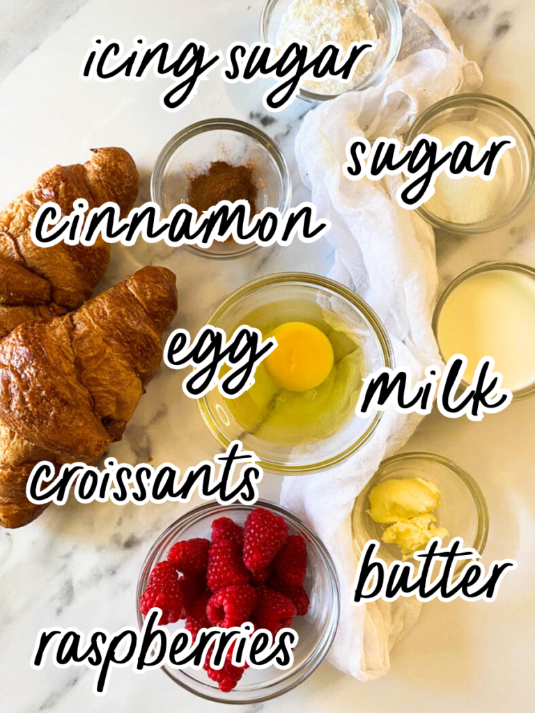 ingredients for croissant pain perdu, croissant, egg, cinnamon, milk, sugar, icing sugar