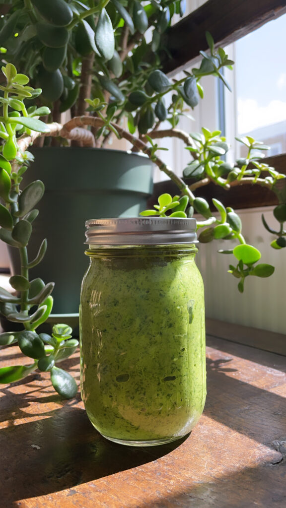 Wild Garlic Bread Braided with Homemade Pesto 2 jar of wild garlic pesto, a plant behind it