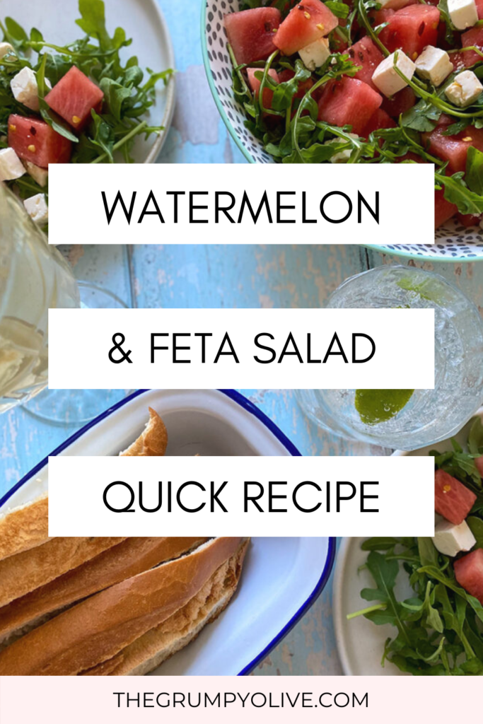 Easy Watermelon and Feta Salad Recipe 9 watermelon feta salad in three plates and a side of bread, a hand mixing the salad, pin image