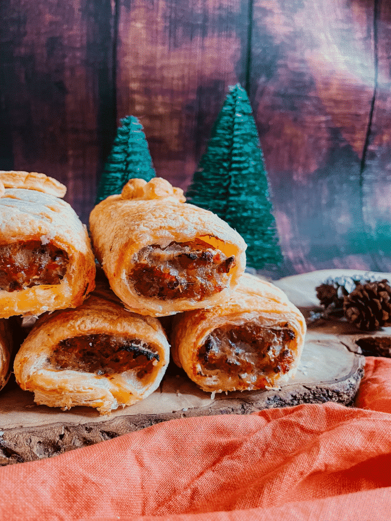 Christmas Sausage Rolls - Festive Appetizer Recipe 6 christmas sausage rolls on a wooden board, over a red towel, in the background a wooden back, pine cones and little christmas trees
