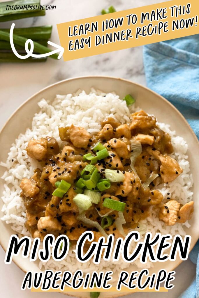 Miso Chicken Aubergine Recipe 7 close up of plate of white rice, chicken aubergine, spring onions and sesame seeds
