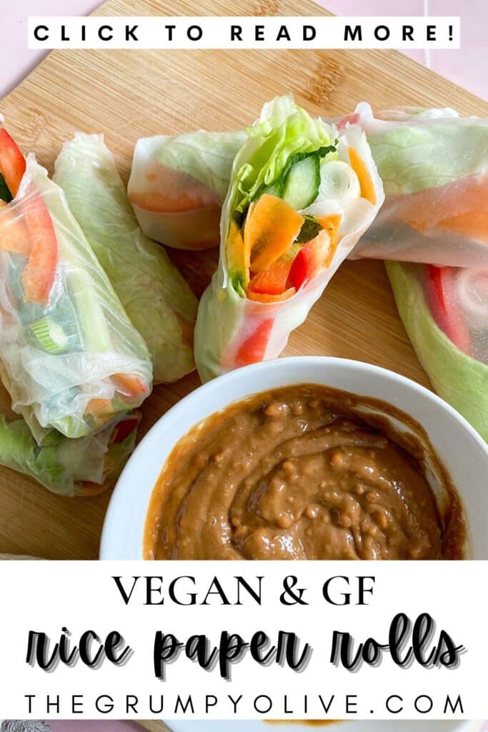 Vegan Rice Paper Rolls With Yummy Peanut Dipping Sauce 11 vegan rice paper rolls pin image