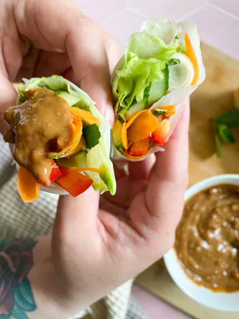 Vegan Rice Paper Rolls With Yummy Peanut Dipping Sauce 8 vegan rice paper rolls cut and the peanut sauce