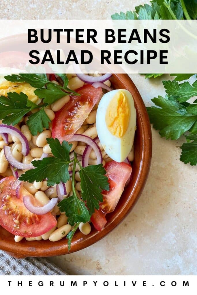 10 Minutes Summer Butter Beans Salad 6 butter beans salad with tomatoes, onion, eggs and parsley in a brown bowl