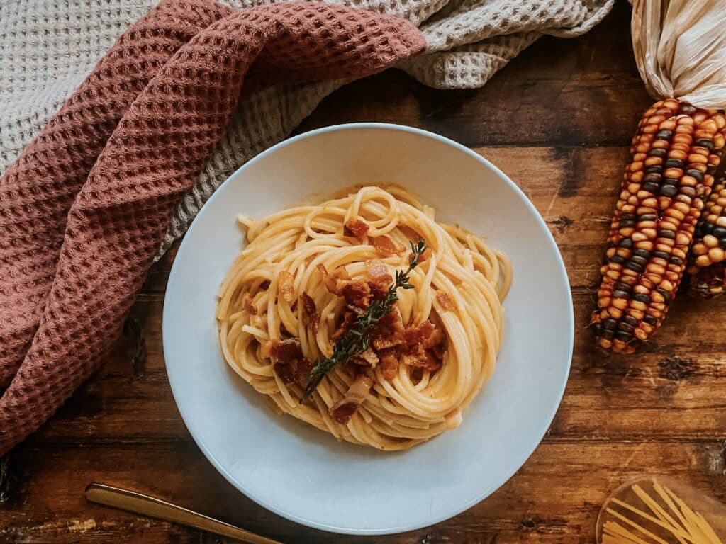 Creamy Butternut Squash Pasta With Crispy Bacon 7 Creamy butternut squash past with crispy bacon