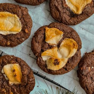 hot chocolate cookies with marshmallows on a cookie rack - close up