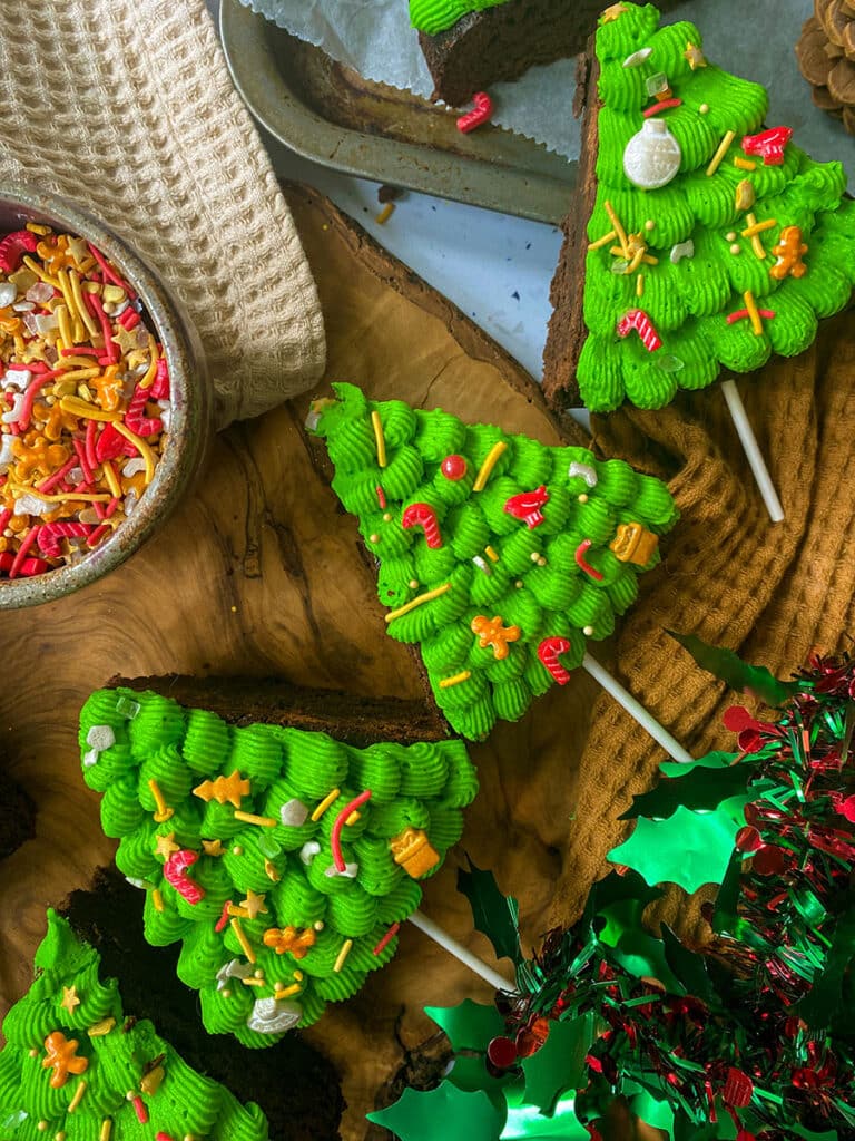 Decorated Christmas Brownie Trees 3 Christmas decorated brownie trees line up