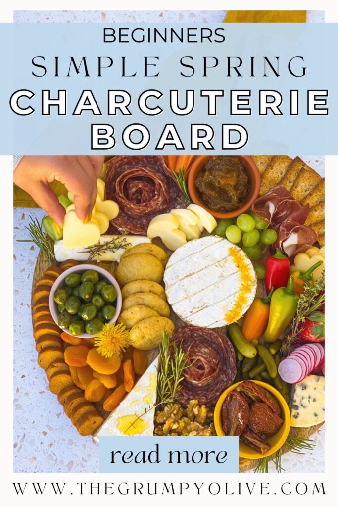 close up of the spring charcuterie board, pin image