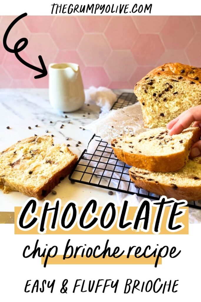 Delicious Fluffy Chocolate Chip Brioche Recipes 8 chocolate chip brioche on a wire rack, hand reaching in, slices and milk on side, pin image