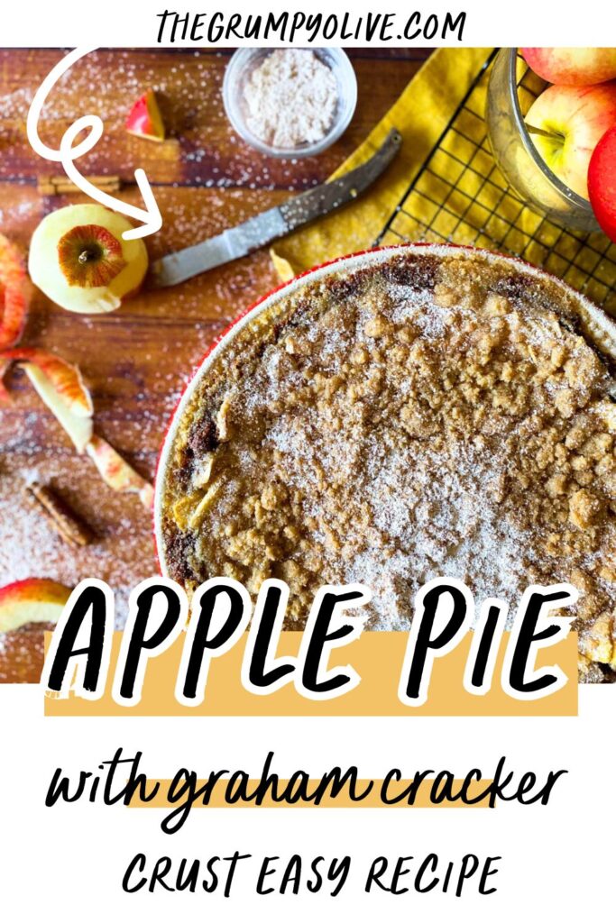 Delicious Apple Pie With Graham Cracker Crust 9 from above apple pie on a cooling rack, apples, knife, towel on sides - pin image
