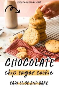 sugar cookie with chocolate chips on a cooling rack, chocolate chips and towel - pin image