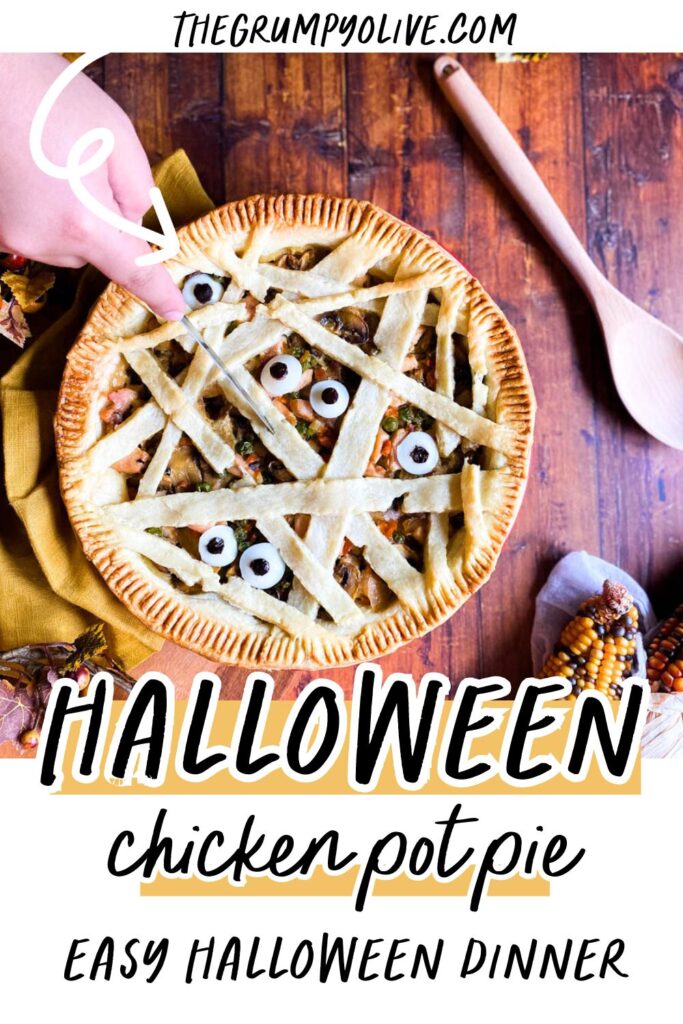 Easy Mummy pot Pie - Delicious Halloween Main Dish 7 mummy pot pie on a wooden background, corn, spoon and leaves around - pin image