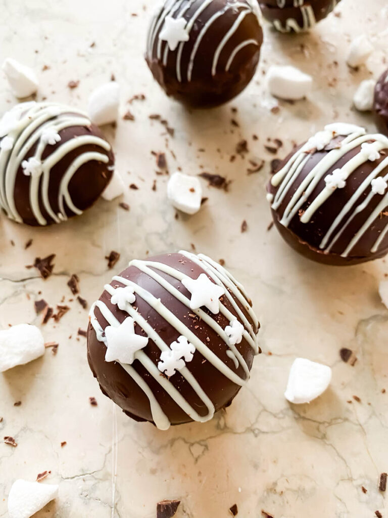 close up of the Baileys hot chocolate bombs