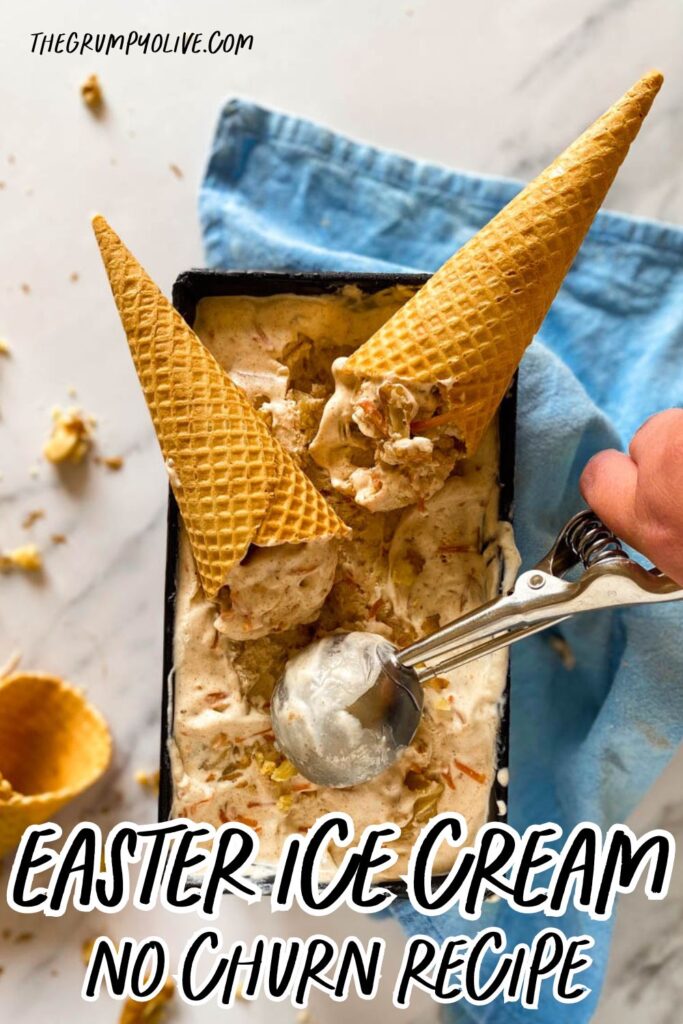 Easter Ice Cream Recipe No Churn 8 tin loaf with easter ice cream carrot cake flavoured, two cones on it, blue towel under. On a marble background