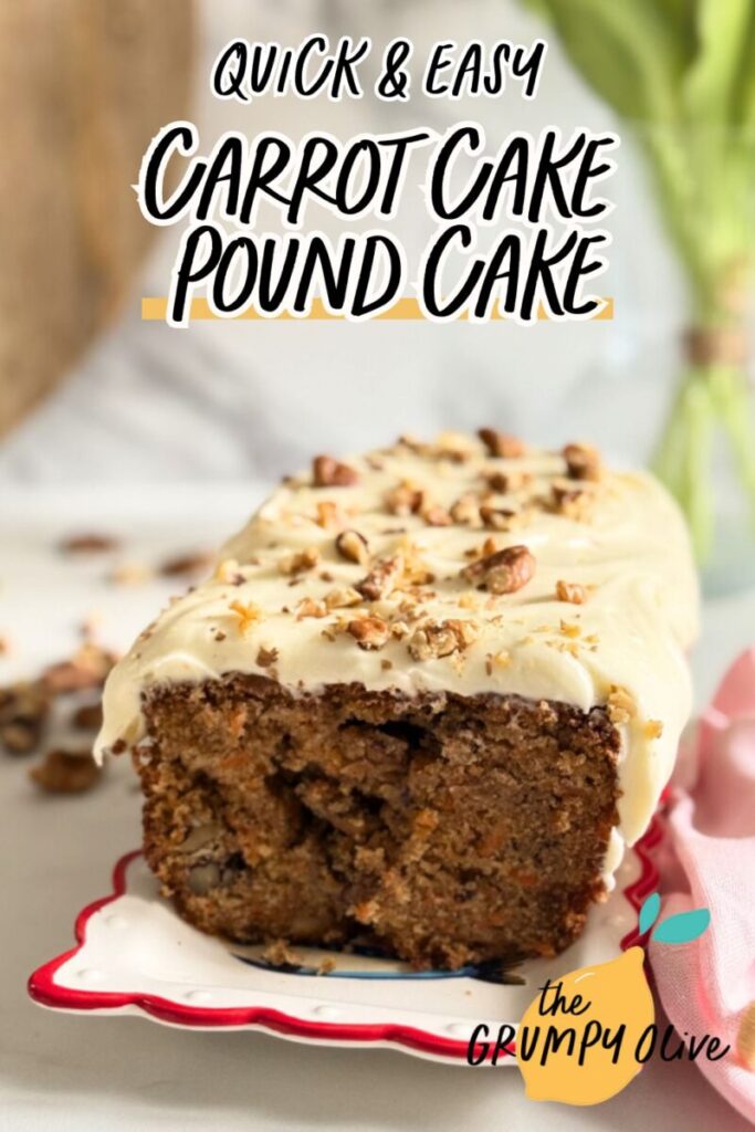 Delicious Carrot Cake Pound Cake With Cream Cheese Frosting 11 pin image carrot cake pound cake on a plate, pin towel on the side, in the back a vase with tulips and wooden boards, walnuts around, on marble background
