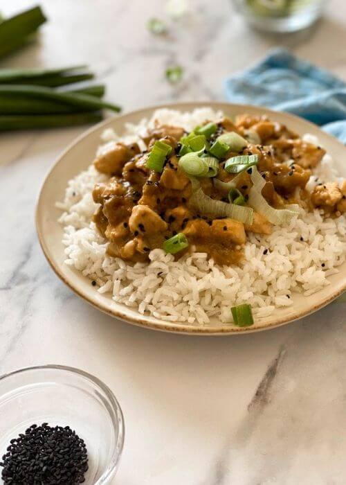 Miso Chicken Aubergine Recipe 3 from side, miso chicken with aubergine on a plate of rice, under a towel, green onions and garlic seeds in bowls, on a marble background