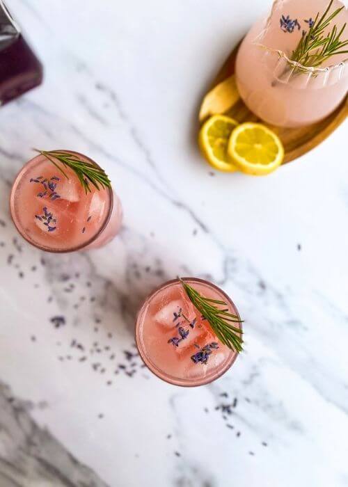 Lavender Lemonade Cocktail 20 Minutes Delicious Drink 5 from above, lavender lemonade cocktail in glasses, more cocktail mix