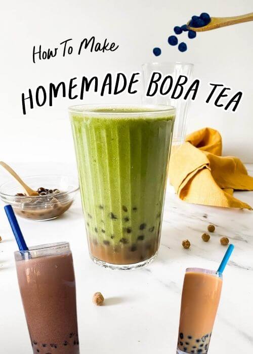 homemade boba tea guide - boba tea in glasses, boba pearls in a jar, spoon with boba pearls pn top, yellow towel, on marble background