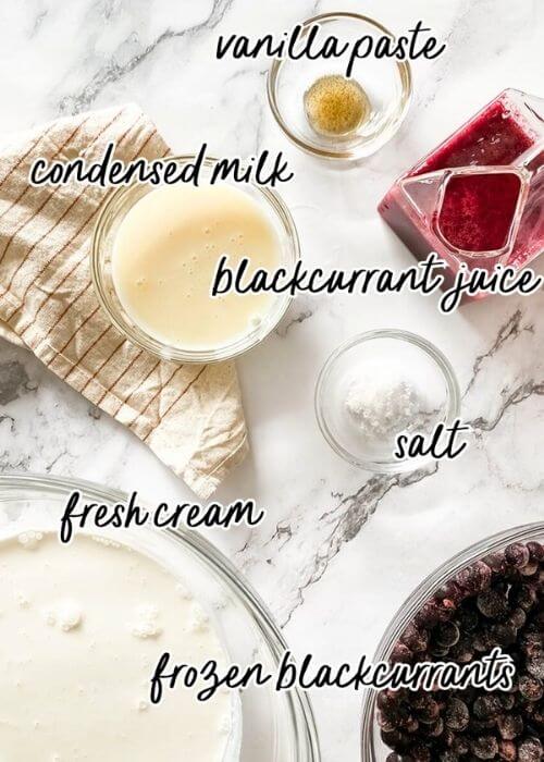 Blackcurrant Ice Cream: The Delicious Summer Recipe 2 blackcurrant ice cream ingredients in bowls and jugs